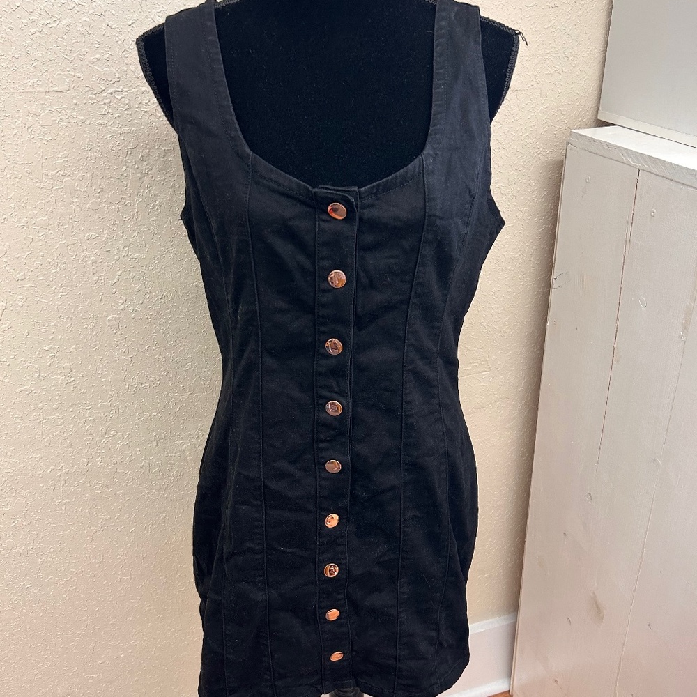 Guess large black denim like button up mini dress